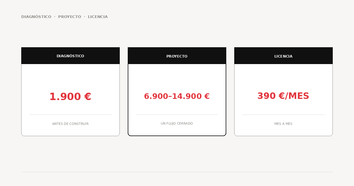Three figures: diagnosis €1,900, project €6,900–14,900, and licence €390/month.